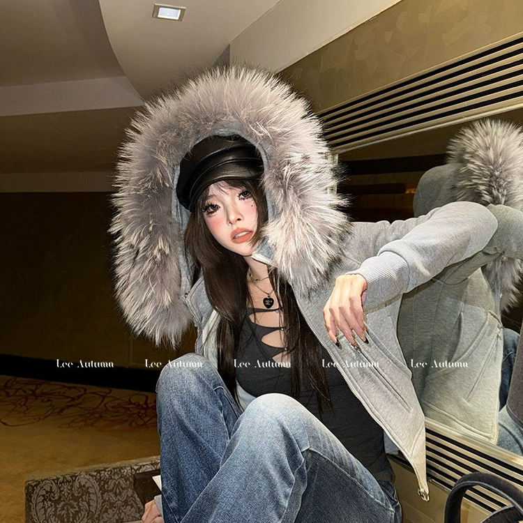 云朵设计设计师潮牌宽松加绒卫衣外套(配可拆卸貉子毛毛领)V498