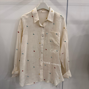 云朵小众设计COZY老钱风复古苎麻刺绣小马发财款 26193 宽松衬衫