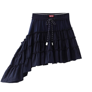 云朵家26年春款 气质休闲高腰木耳边拼接不规则半身裙Q1207