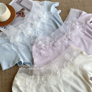 云朵家46棉韩系小女人立体花朵露肩修身 F013 显瘦小衫