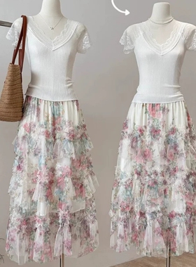 云朵设计花网纱碎花蓬蓬半身裙(只卖半身裙)L-281CSJ394266