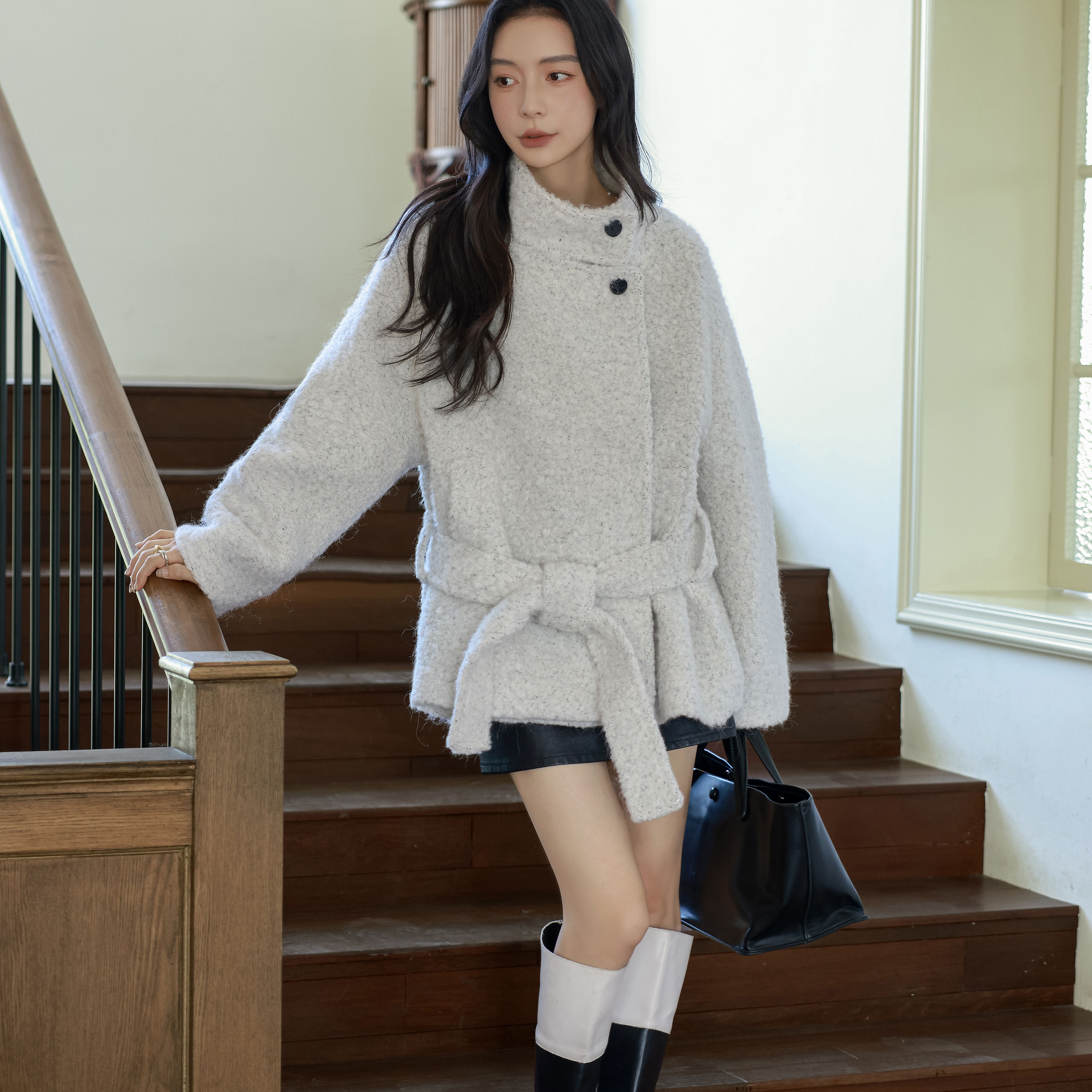 云朵系带收腰大衣配腰带（含40绵羊毛）Z0818