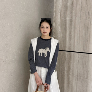 不含披肩 云朵26年春款 T恤 贴布绣立体小马条纹长袖 OMG0311 时尚