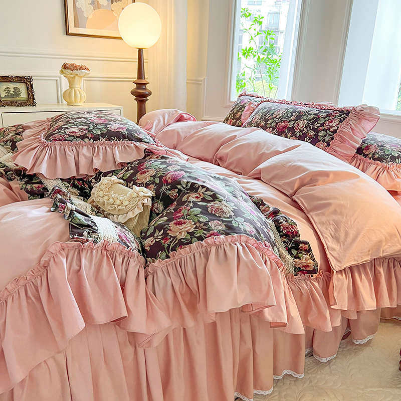 法式复古玫瑰全棉床裙款四件套纯棉轻奢高级感公主风荷叶花边被套,床上用品,床品套件/四件套/多件套,淘宝优惠券,粉丝福利购,淘宝优惠卷
