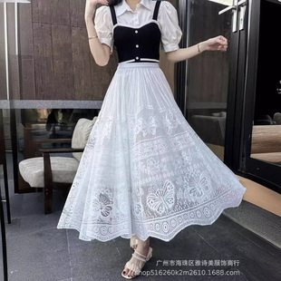 A字伞裙 法式 高级感白色蕾丝高腰半身裙女夏季 薄款 垂感棉麻中长款
