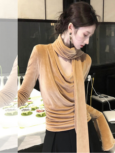 MONLOUVE专柜撤回国际大牌女装卡其色荡领丝绒飘带长袖T恤漂亮上