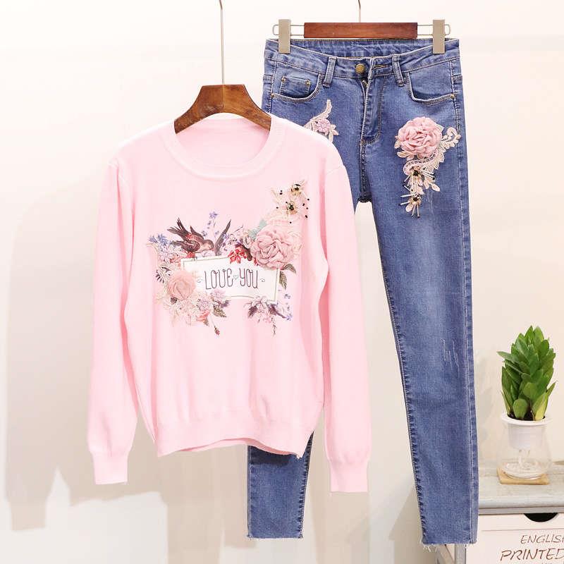 Denim suit heavy beading three-dimensional flower swallow