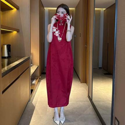 出租新中式晨袍女新娘订婚礼服高端国风改良无袖红色旗袍敬酒服租