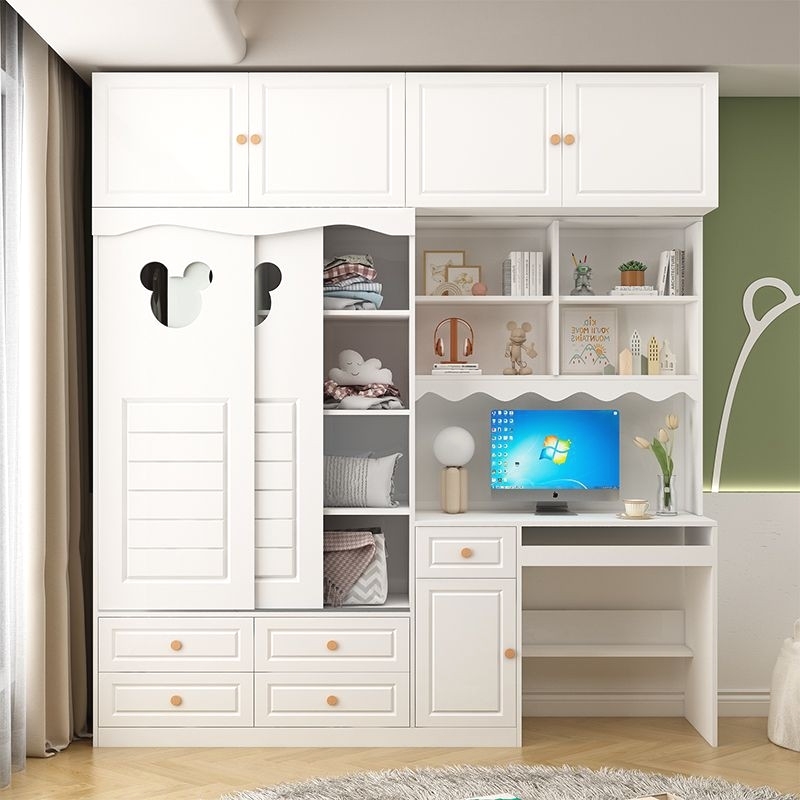 电脑桌儿童男孩宝宝带实木衣柜加书架组合学习办公桌一体连身书桌