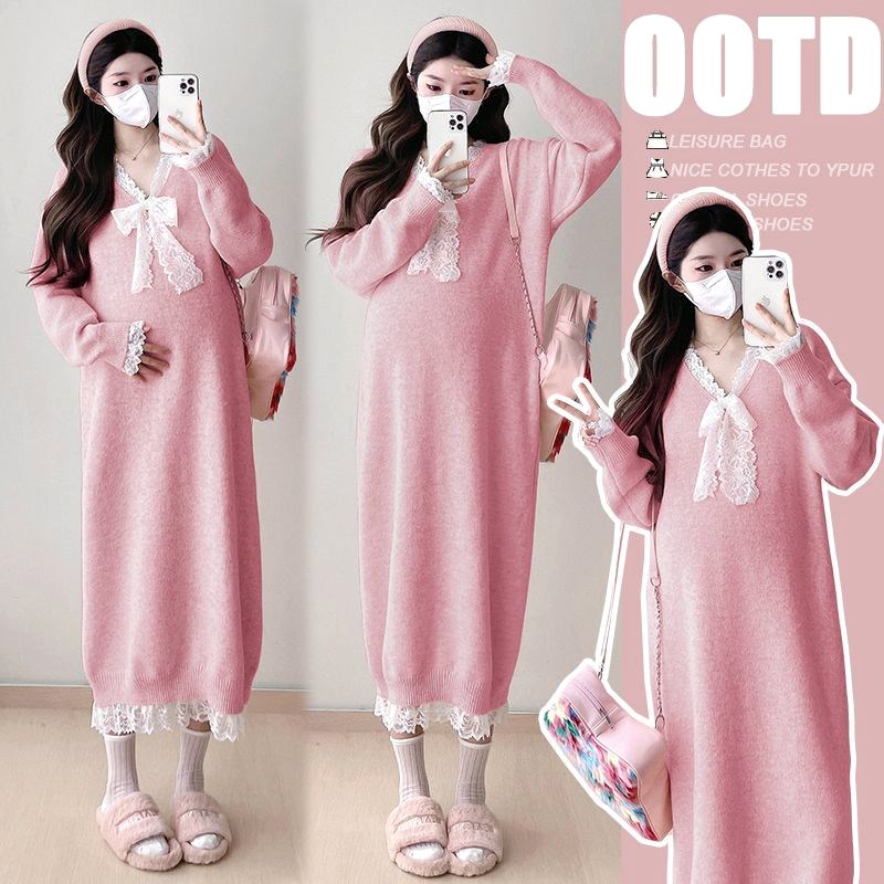 MONZON  韩版显瘦孕妇秋冬连衣裙针织毛衣拼接蕾丝V领辣妈长裙子