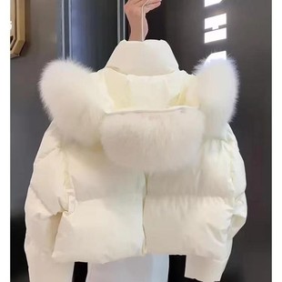 2025年新款冬装高级感欧货洋气炸街白色毛领连帽棉服短款外套女冬