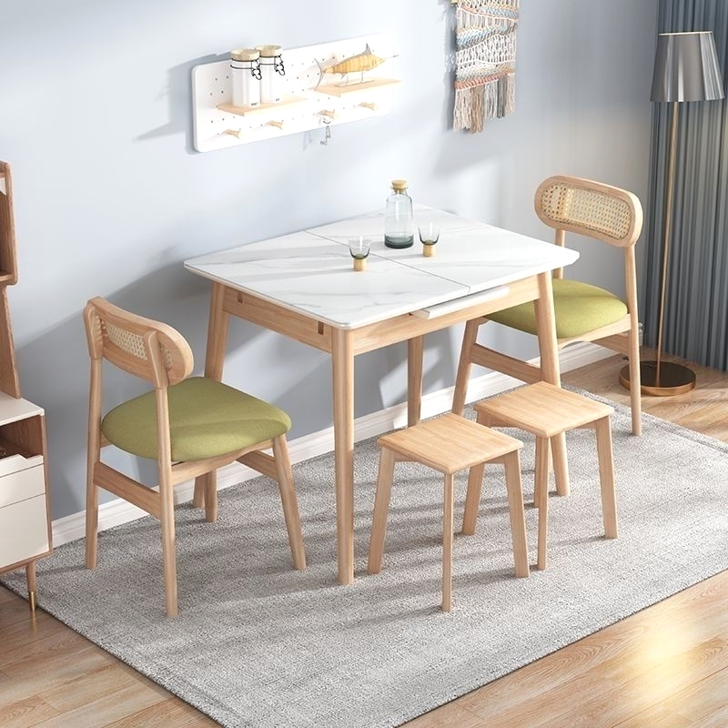 岩板实木伸缩餐桌椅组合现代简约家用小户型长方形原木风吃饭桌子