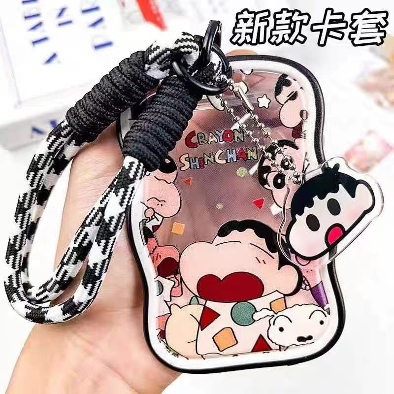 蜡笔小新可爱透明滑盖卡套学生校园卡饭卡公交卡套挂绳ins风卡通