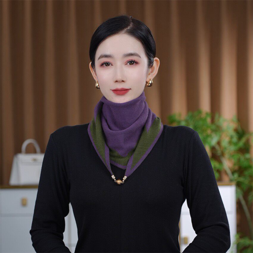 黄＋白服饰丝巾新款时尚百搭双面双色针织三角磁扣围巾女丝颖服饰