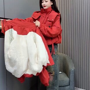 红色冲锋衣外套女夹棉加绒加厚2024春秋新款工装小个子短款风衣