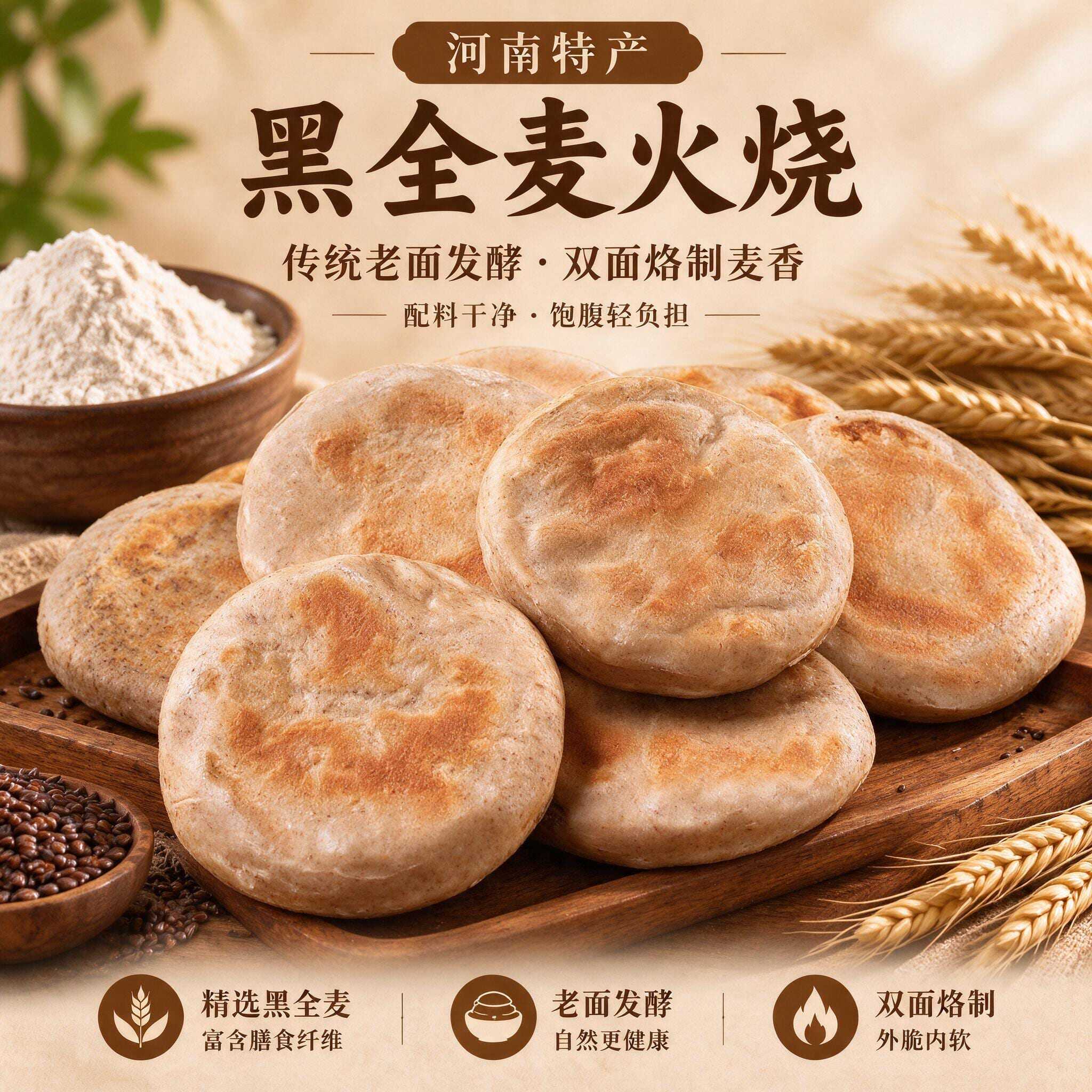 河南特产手工黑全麦烧饼火烧主食慢升糖粗粮杂粮健康早餐饼白吉馍
