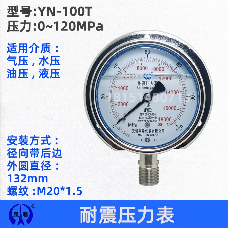 YN100/Z/T/ZT 120MPa径向带后边 轴向带边 耐震油压压力表
