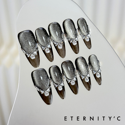 C+重工黑色宝石亚文化新款欧美高级轻奢中长款手工美甲穿戴甲猫眼