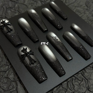 C+黑曜银辉新款重工小众亚文化欧美辣妹高级超长款手工美甲穿戴甲