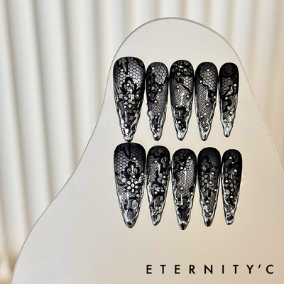 C+黑蕾丝液态2025新款亚文化质感欧美小众长款美甲穿戴甲猫眼手工