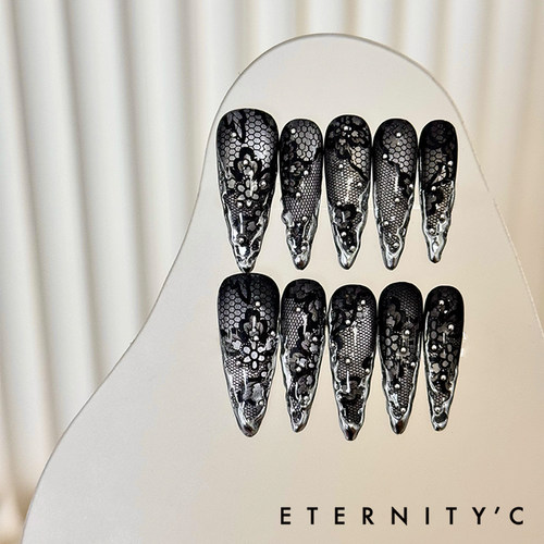 C+黑蕾丝液态2025新款亚文化质感欧美小众长款美甲穿戴甲猫眼手工