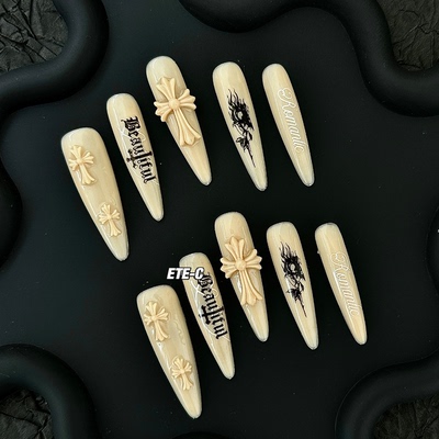 C+哥特十字玫瑰 亚文化哥特风甜酷小众高级中长克罗心美甲穿戴甲