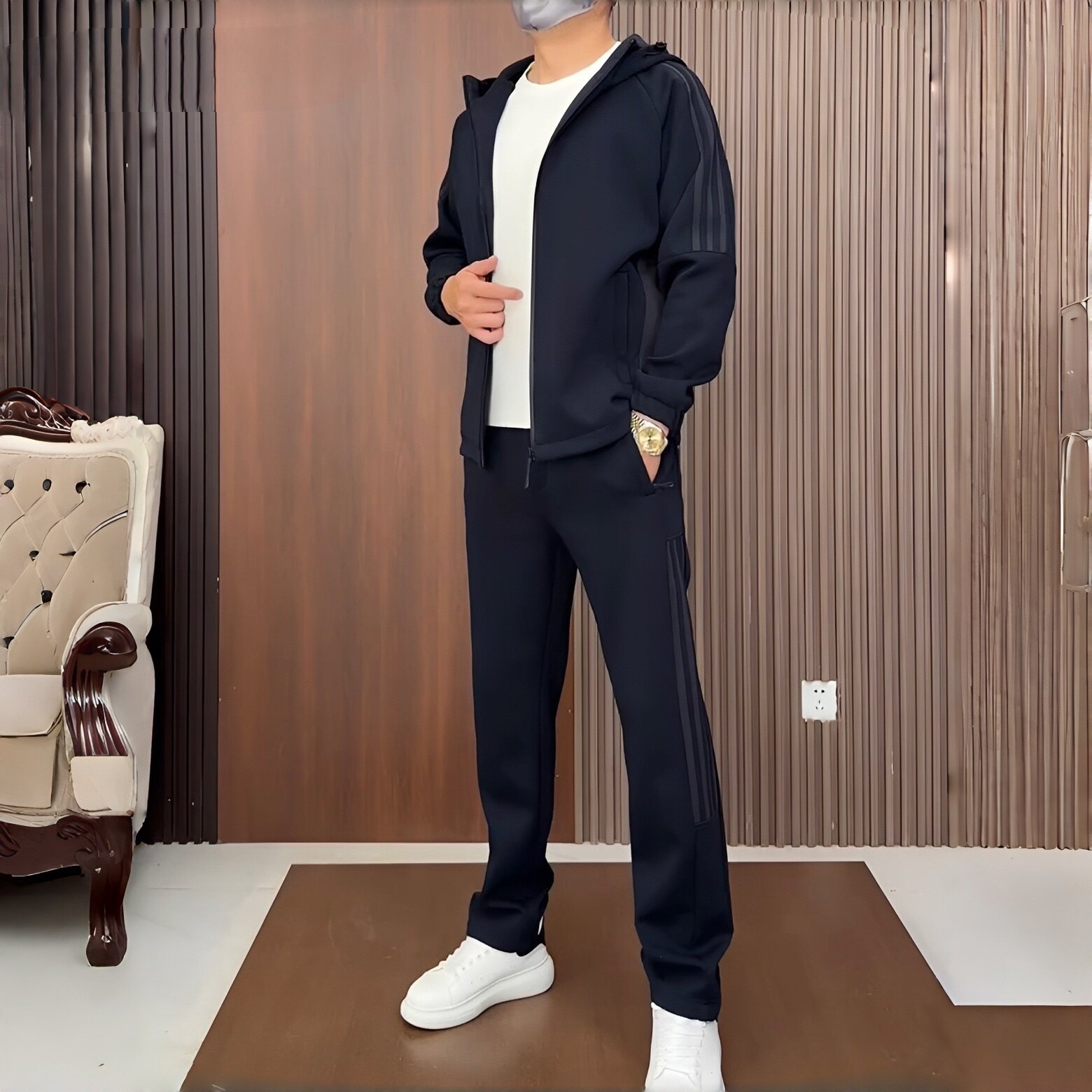 男士套装春秋季新款百搭休闲运动拼接时尚连帽潮流个性条纹两件套