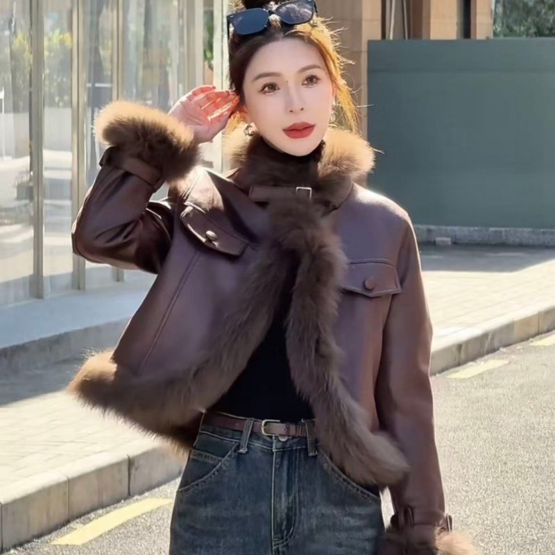 小香风毛领皮衣外套女短款