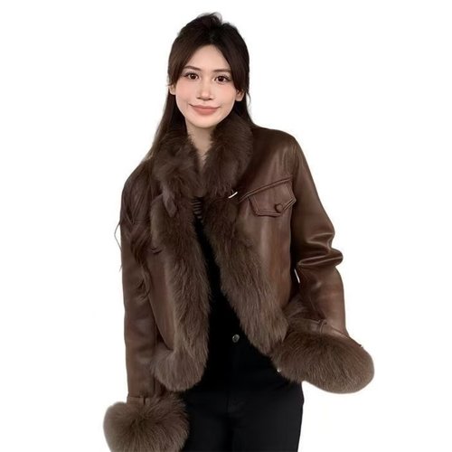 美式复古毛领皮衣短款加厚保暖