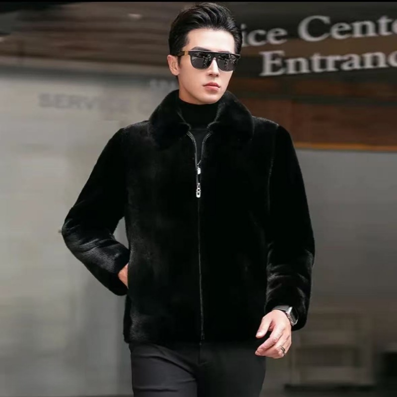 秋冬新款仿皮草水貂大衣外套男翻领短款夹克黑色加厚保暖外套高端