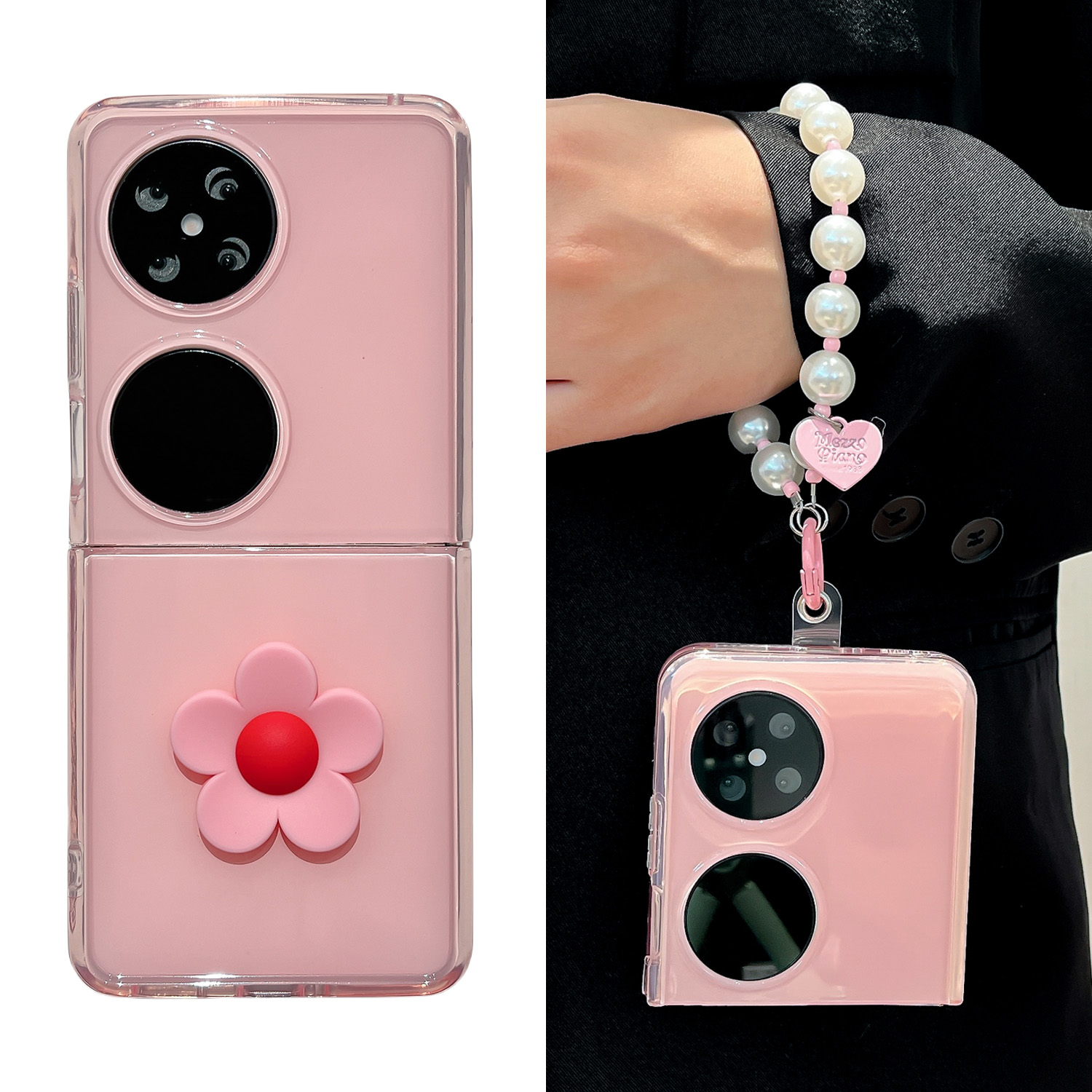 适用华为pocket 2手机壳新款粉底立体花朵软胶pocket S折叠屏外壳少女粉色p50pocket全包防摔手提链女保护套