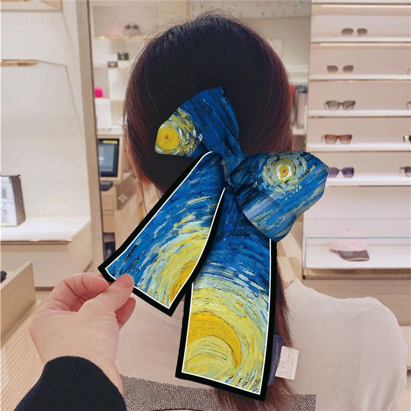 春秋复古轻薄款油画涂鸦双层缎面