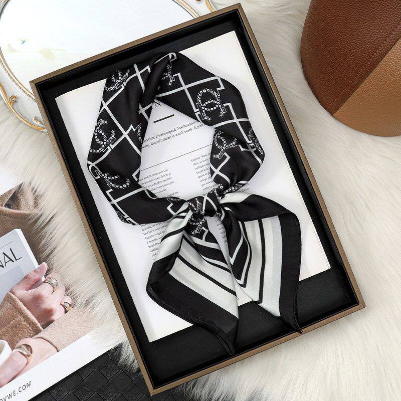 定制logo小众格子70cm仿真丝丝巾百搭黑白色女士丝巾方巾礼盒装