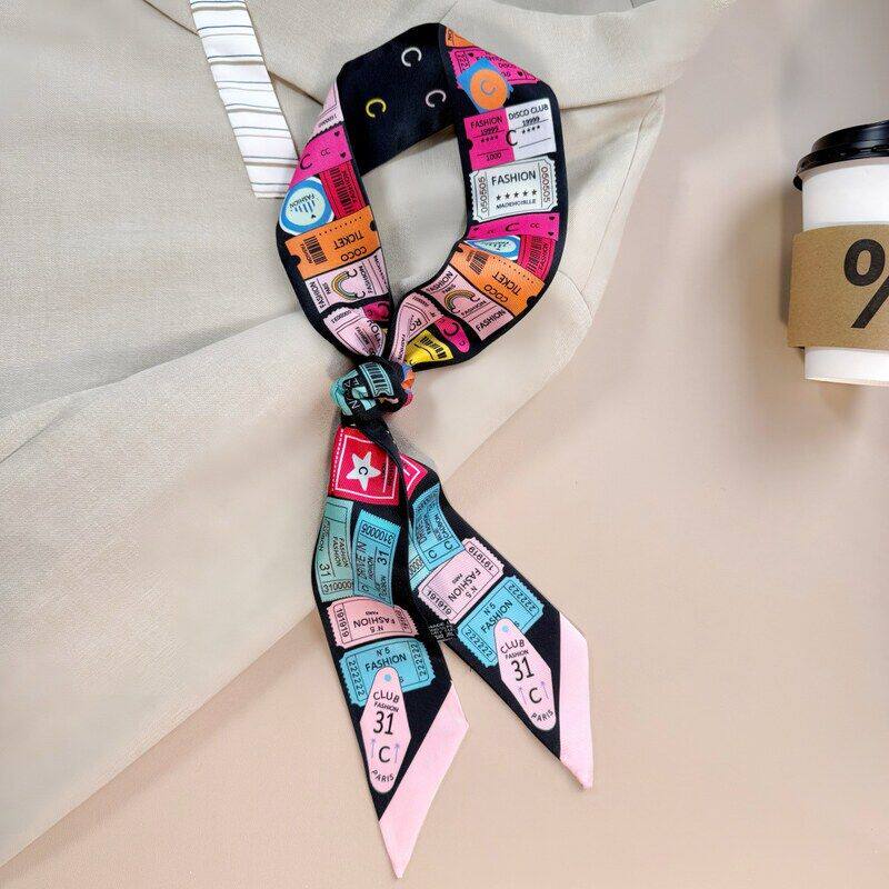 斜纹丝巾小飘带女士春季新款欧美百搭印花围巾绑包包长条丝巾批发