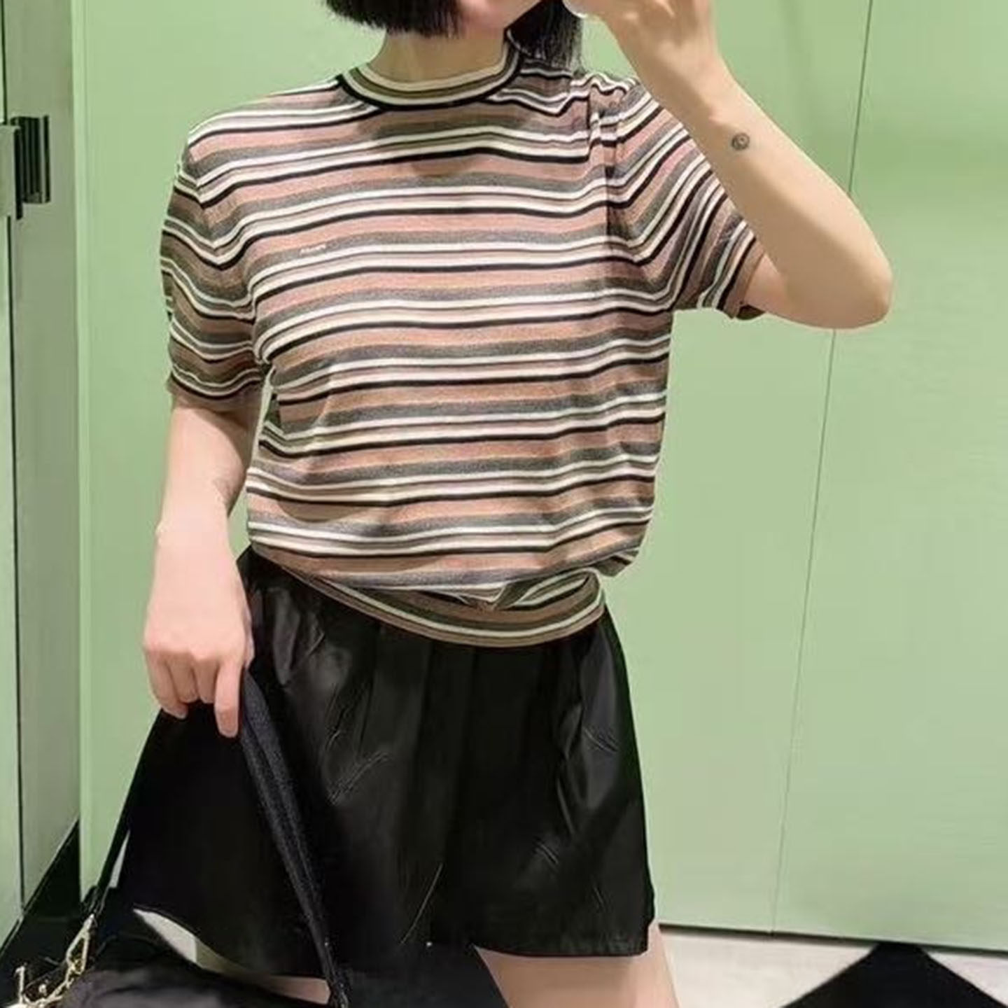 丝棉混纺条纹圆领短袖针织衫上衣