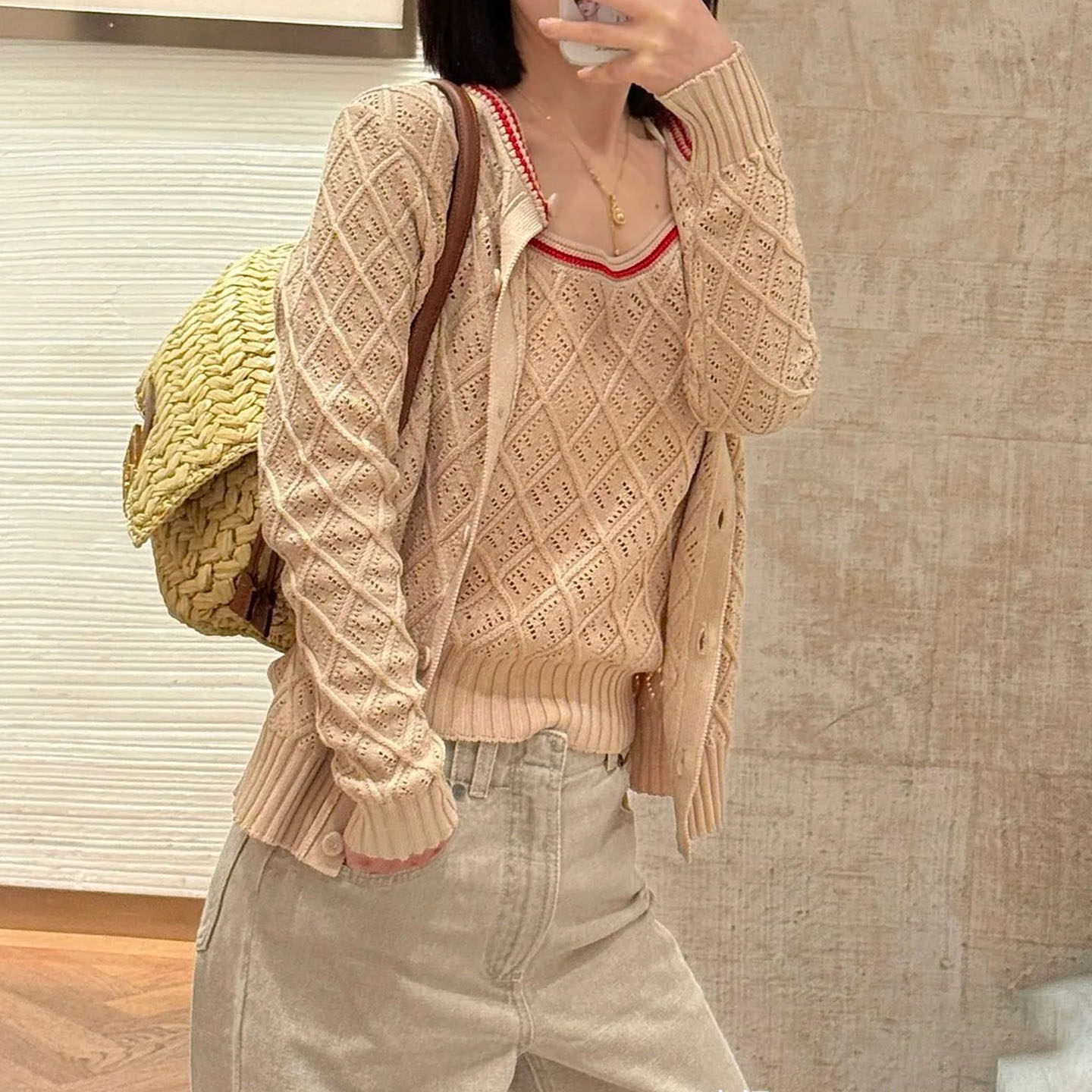 棉线休闲风菱形格针织吊带开衫女
