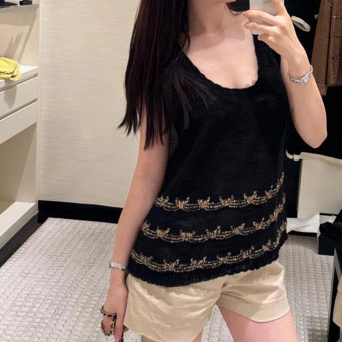 金丝彩线刺绣条纹针织背心上衣女