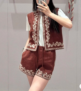 篙品质~度假新贵 LP春夏刺绣花卉图案 亚麻无袖马甲短裤 休闲套装