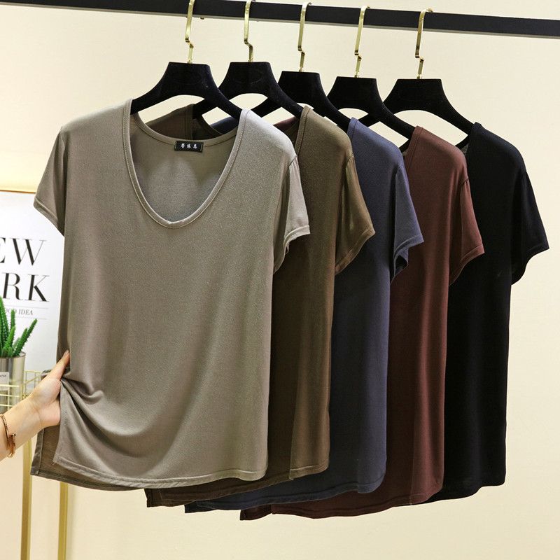 莫代尔下摆不规则短袖T恤女夏设计感外穿半袖薄款上衣纯色打底衫