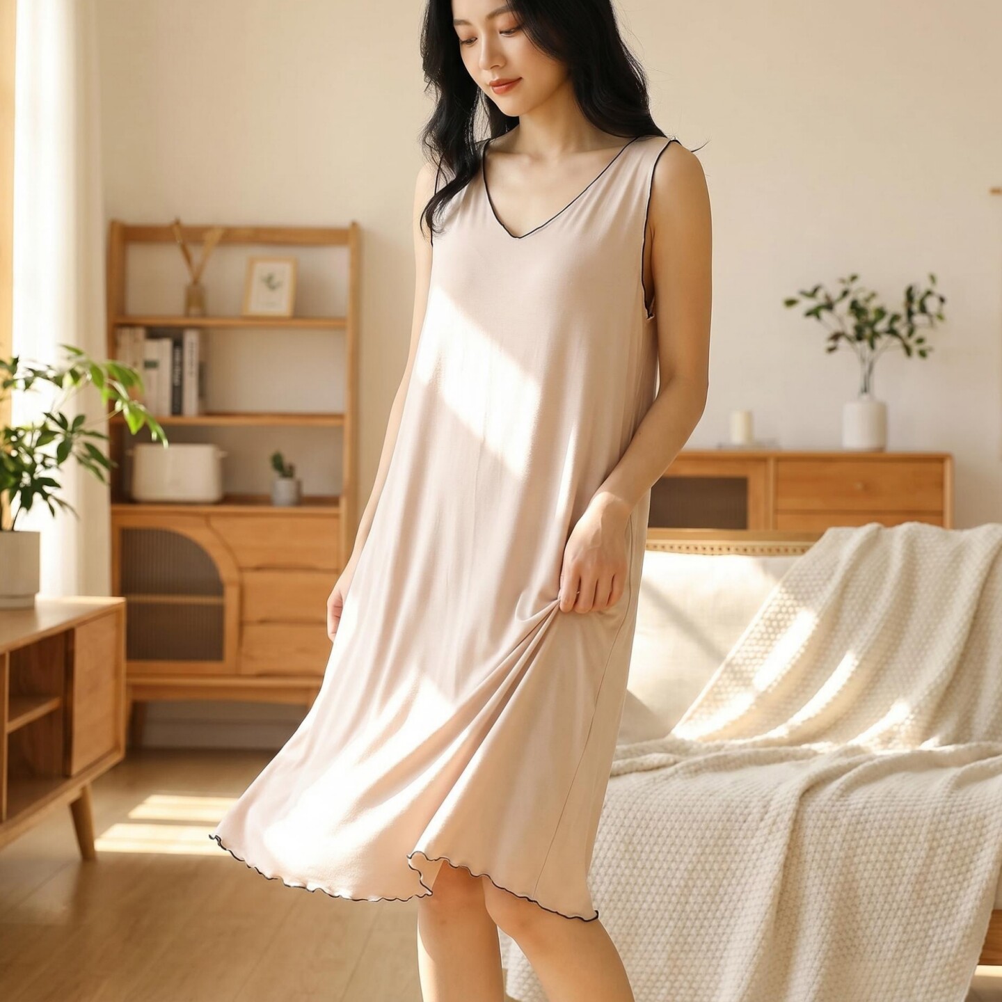 莫代尔V领背心裙宽松睡裙女夏季大码家居服浴袍可外穿薄款连衣裙