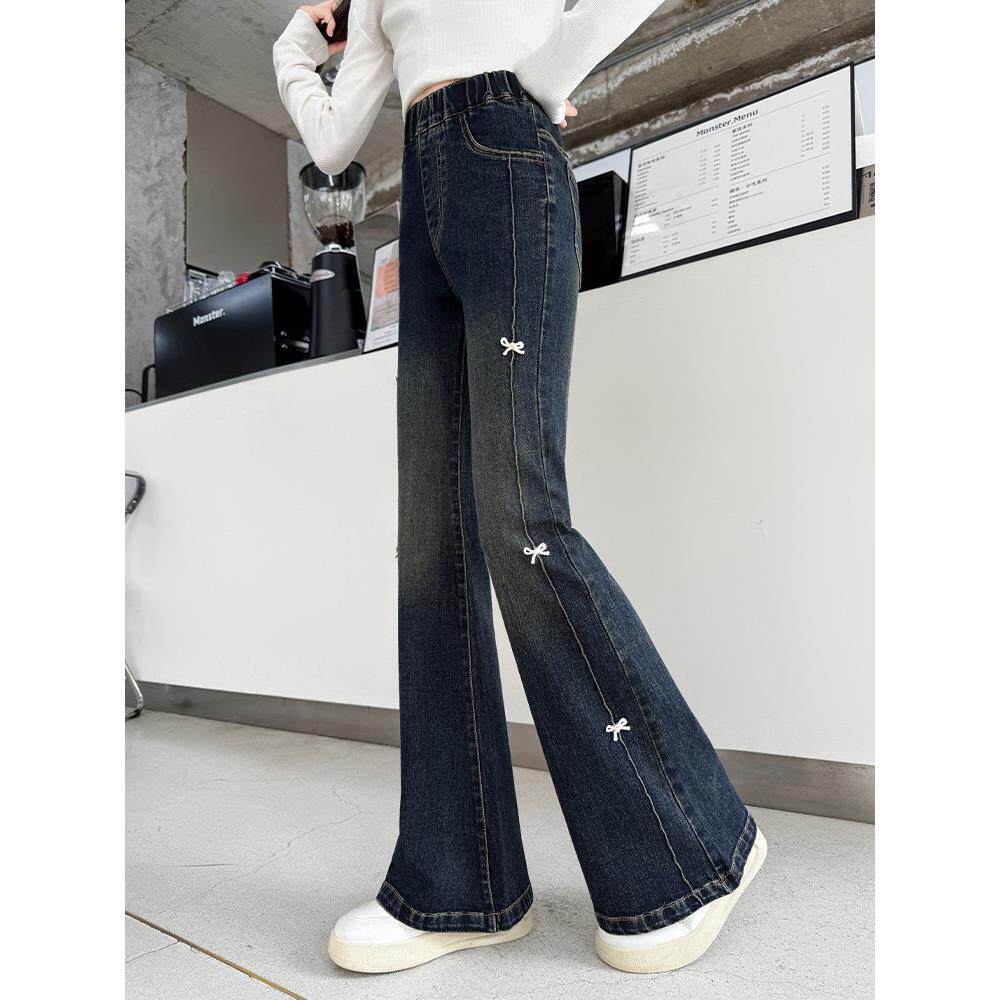 女童加绒裤子2025新冬装女孩超好看修身喇叭裤儿童冬季加厚牛仔裤