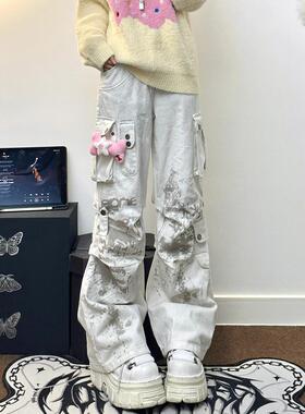美式亚文化白色工装牛仔裤女夏y2k高腰显瘦宽松阔腿裤子大尺码胖m