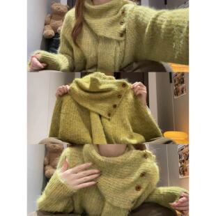 韩系高级感可拆卸围巾毛衣女秋冬设计感小众宽松针织软糯单穿上衣