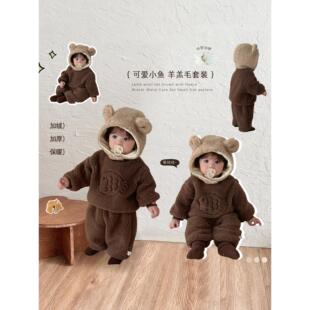 男宝宝冬季外出羊羔绒套装男童加绒加厚上衣婴儿毛绒保暖束脚裤子