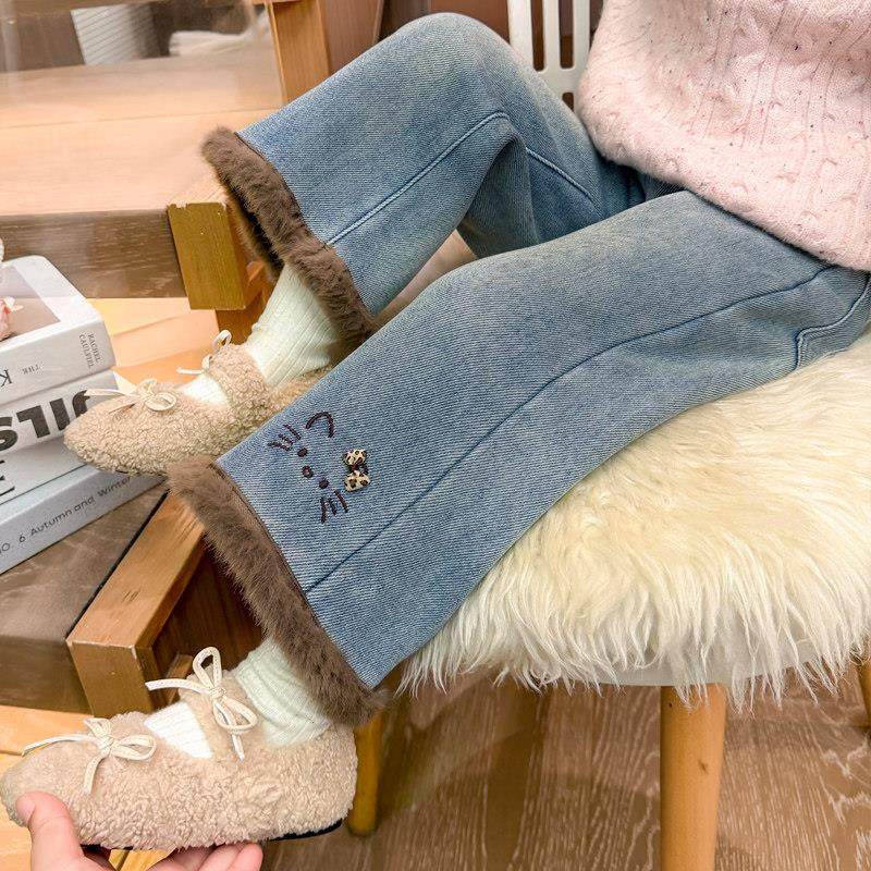 女童牛仔裤秋冬款2025新款儿童冬季女孩宝宝加绒加厚猫咪直筒裤子