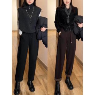 直筒烟管裤女冬加绒小个子九分裤2025新款窄版法棍裤显瘦毛呢裤子