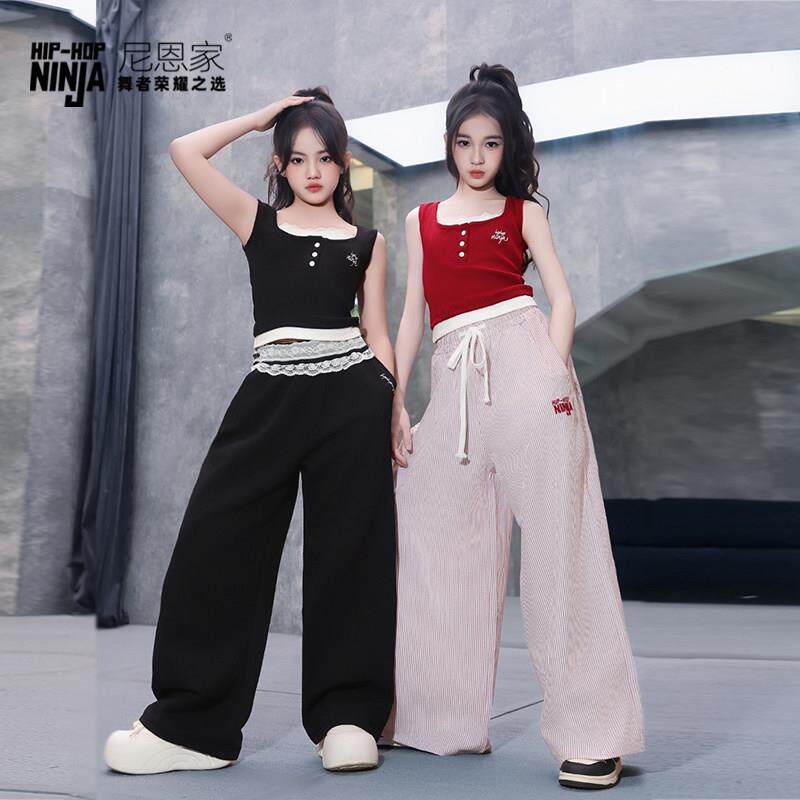 儿童街舞爵士假两件蕾丝边背心短袖运动裤女童套装表演出服