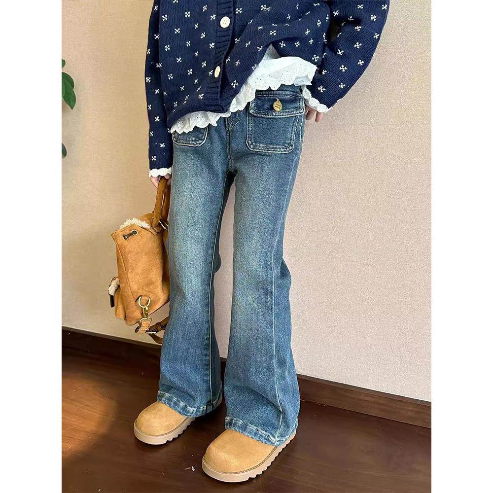 女童牛仔裤春秋季新款童装大童韩版修身喇叭裤儿童冬款加绒微喇裤