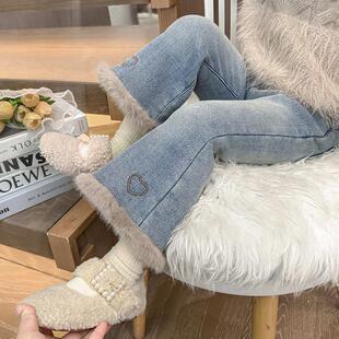 喇叭裤女童牛仔冬季加绒新款女宝宝一体时尚百搭微喇时髦休闲裤子