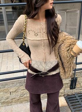 马儿MAR 秋冬新款小众设计感镂空针织衫女修身显瘦套头毛衣上衣